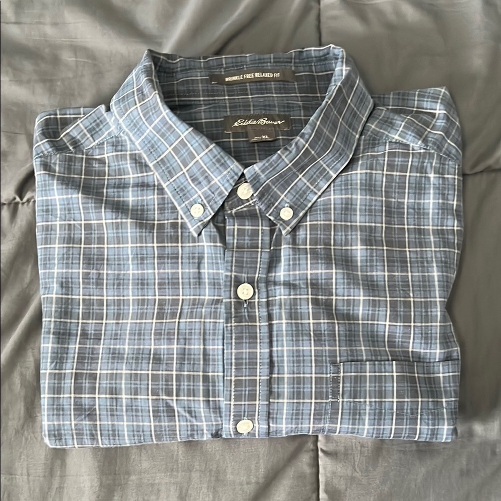 Eddie Bauer Blue Plaid Casual Button Down Size XL
